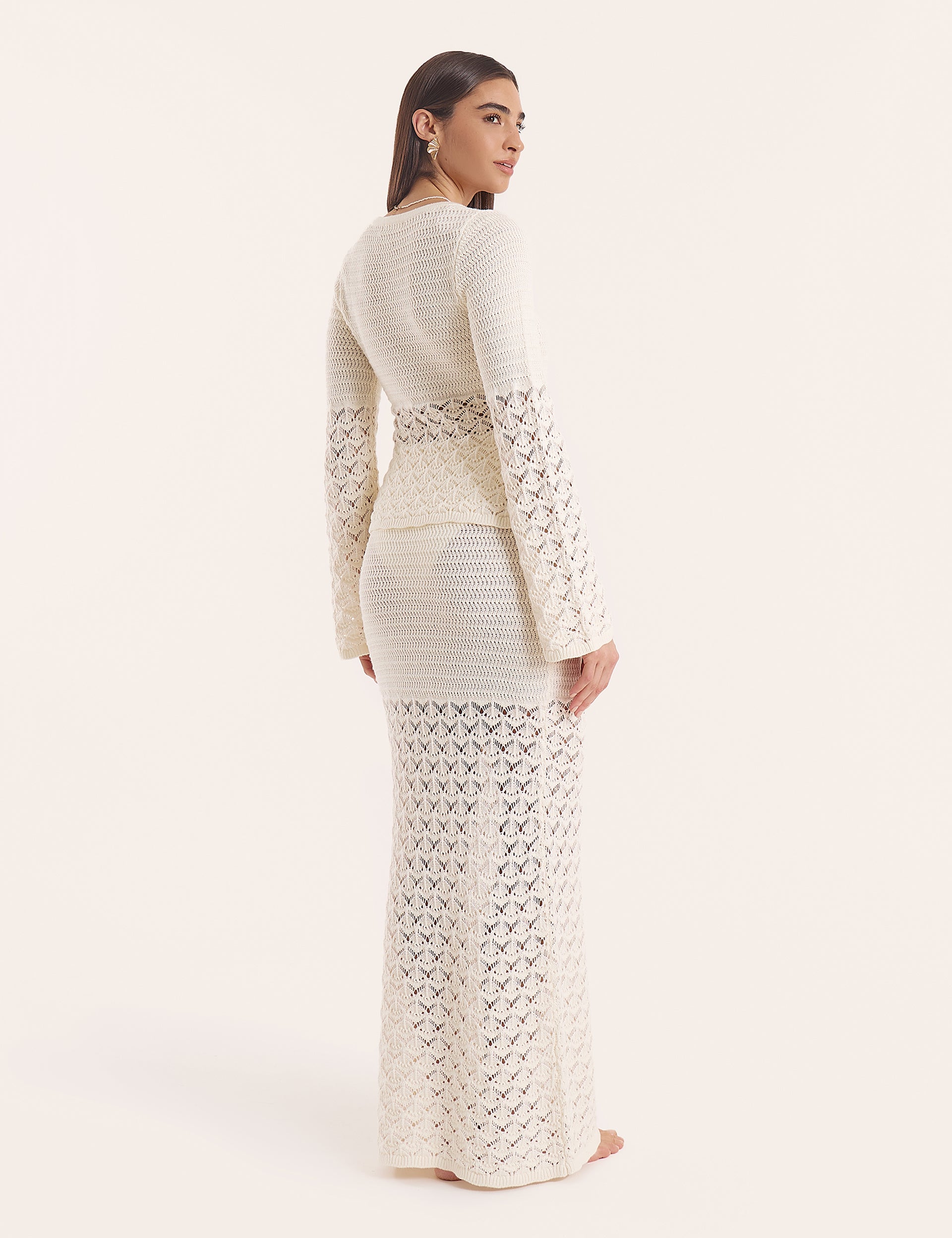 Cream Crochet Drop Waist Maxi Skirt